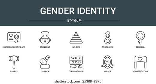 conjunto de 10 ícones de identidade de gênero web outline, como certidão de casamento, mente aberta, gênero, androgyne, demigirl, labrys, ícones de vetor batom para relatório, apresentação, diagrama, web design, celular