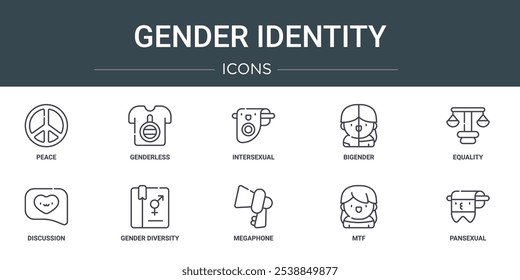 Conjunto de 10 íconos de Web Diseño web de la identidad de género como la paz, sin género, intersexual, bigénero, igualdad, discusión,