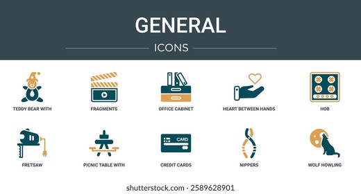 set of 10 outline web general icons such as teddy bear with sleep hat, fragments, office cabinet, heart between hands, hob, fretsaw, picnic table with basket vector icons for report, presentation,