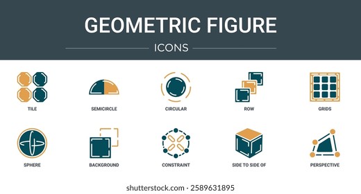 set of 10 outline web geometric figure icons such as tile, semicircle, circular, row, grids, sphere, background vector icons for report, presentation, diagram, web design, mobile app