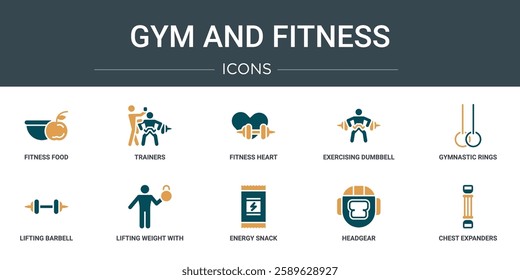 set of 10 outline web gym and fitness icons such as fitness food, trainers, fitness heart, exercising dumbbell, gymnastic rings, lifting barbell, lifting weight with right arm vector icons for