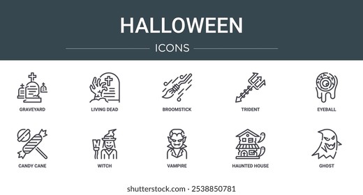 Satz von 10 Umriss Web Halloween-Symbole wie Friedhof, lebende tot, Besenstock, Dreizack, Augapfel, Zuckerrohr, Hexe Vektorsymbole für Bericht, Präsentation, Diagramm, Web-Design, mobile App