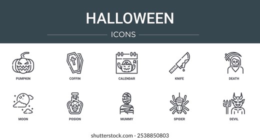 Conjunto de 10 iconos de Halloween de Web de contorno como calabaza, ataúd, calendario, cuchillo, muerte, luna, iconos de vector de veneno para informe, presentación, diagrama, Diseño web, App móvil