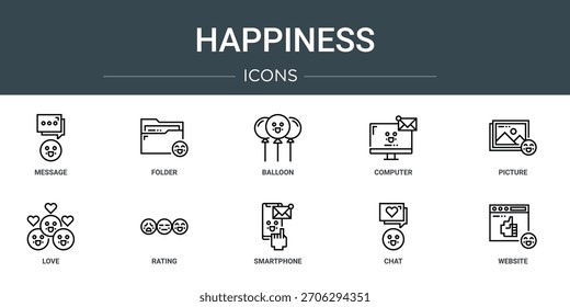 Conjunto de 10 iconos de felicidad de Web de contorno como mensaje, carpeta, globo, computadora, imagen, amor, calificación de iconos vectoriales, signo y símbolos