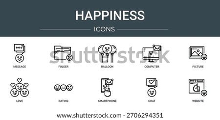 set of 10 outline web happiness icons such as message, folder, balloon, computer, picture, love, rating vector icons, sign and symbols