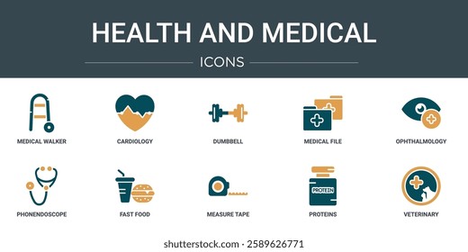 set of 10 outline web health and medical icons such as medical walker, cardiology, dumbbell, medical file, ophthalmology, phonendoscope, fast food vector icons for report, presentation, diagram, web