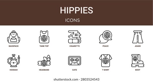 Set of 10 outline web Hippies icons such as boot, t shirt, cate, headband, hookah, jeans, peace vector icons for report, presentation, diagram, web design, mobile app