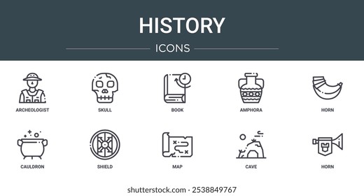 set of 10 outline web history icons such as archeologist, skull, book, amphora, horn, cauldron, shield vector icons for report, presentation, diagram, web design, mobile app