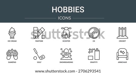 set of 10 outline web hobbies icons such as ice cream, pantone, scooter, cd, cricket, gamepad, golf vector icons, sign and symbols