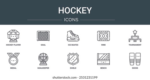 Satz von 10 Umriss Web-Hockey-Symbole wie Hockey-Spieler, Tor, Schlittschuhe, Bahn, Turnier, Medaille, Torwart Vektor-Symbole für Bericht, Präsentation, Diagramm, Web-Design, mobile App