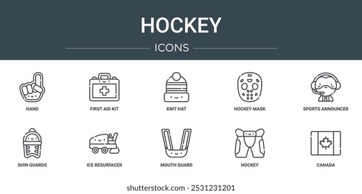 conjunto de 10 ícones de hockey web esboço, como mão, kit de primeiros socorros, chapéu de malha, máscara de hóquei, anunciador de esportes, shin guardas, ícones de vetor de resfacer de gelo para relatório, apresentação, diagrama, web design,