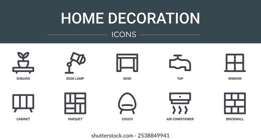 Conjunto de 10 iconos de Web de contorno de decoración para el hogar como estantes, lámpara de escritorio, escritorio, grifo, ventana, gabinete, parquet iconos vectoriales para informe, presentación, diagrama, Diseño web, App móvil