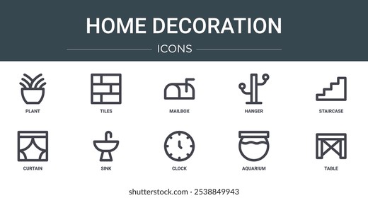 conjunto de 10 ícones de decoração web home outline como planta, azulejos, caixa de correio, cabide, escada, cortina, pia ícones vetoriais para relatório, apresentação, diagrama, web design, aplicativo móvel