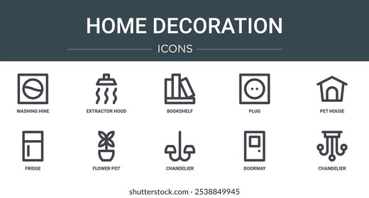 Conjunto de 10 iconos de la decoración del hogar del Web del contorno tales como lavadora, campana extractora, estantería, enchufe, casa del animal doméstico, refrigerador, maceta de flores iconos vectoriales para el informe, presentación, diagrama, Diseño web, móvil