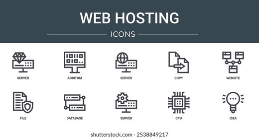 conjunto de 10 ícones de web de web de outline como servidor, algoritmo, servidor, cópia, site, arquivo, banco de dados ícones de vetor para relatório, apresentação, diagrama, web design, aplicativo móvel