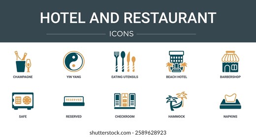 set of 10 outline web hotel and restaurant icons such as champagne, yin yang, eating utensils, beach hotel, barbershop, safe, reserved vector icons for report, presentation, diagram, web design,