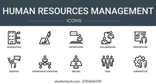 Conjunto de 10 íconos de la gestión de recursos humanos del esquema tales como organización, presentación, colaboración, presentación, pregunta, Web de estructura jerárquica