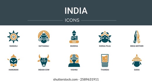 set of 10 outline web india icons such as rangoli, kathakali, buddha, durga puja, india mother, hanuman, indian cow vector icons for report, presentation, diagram, web design, mobile app