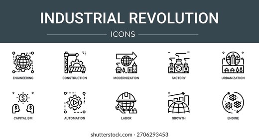 Satz von 10 Umriss Web industrielle Revolution Icons wie Engineering, Bau, Modernisierung, Fabrik, Urbanisierung, Kapitalismus, Automatisierung, Vektorsymbole, Zeichen und Symbole