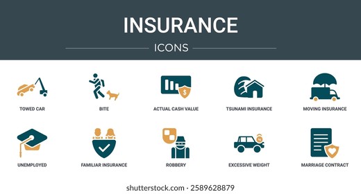 set of 10 outline web insurance icons such as towed car, bite, actual cash value, tsunami insurance, moving insurance, unemployed, familiar vector icons for report, presentation, diagram, web