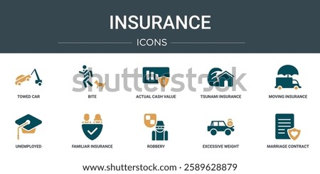 set of 10 outline web insurance icons such as towed car, bite, actual cash value, tsunami insurance, moving insurance, unemployed, familiar vector icons for report, presentation, diagram, web