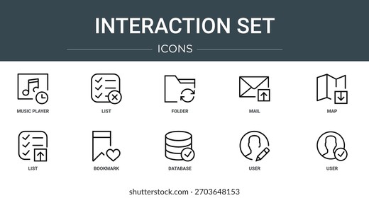 Satz von 10 Umriss Web-Interaktion Set-Symbole wie Musik-Player, Liste, Ordner, Mail, Karte, Liste, Lesezeichen, Vektorsymbole, Zeichen und Symbole