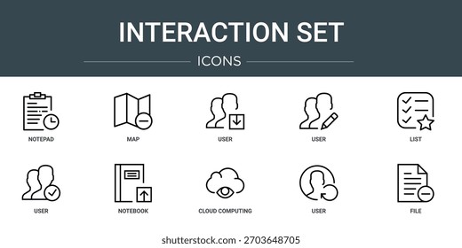 Conjunto de 10 iconos de conjunto de interacción de Web de esquema como bloc de notas, mapa, usuario, usuario, lista, usuario, iconos vectoriales de cuaderno, signo y símbolos