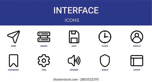 Set of 10 outline web Interface icons such as layout, shield, speaker, ting, bookmark, profile, clock vector icons for report, presentation, diagram, web design, mobile app