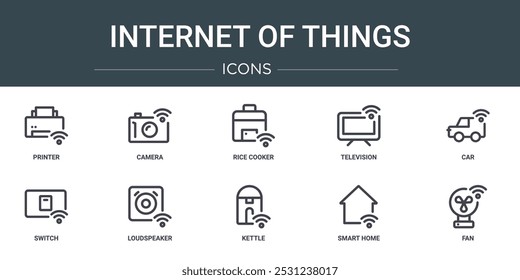 Conjunto de 10 iconos de Internet de las cosas del Web del esquema tales como impresora, cámara, hervidor de arroz, televisor, coche, interruptor, iconos del vector del altavoz para el informe, presentación, diagrama, Diseño web, App móvil
