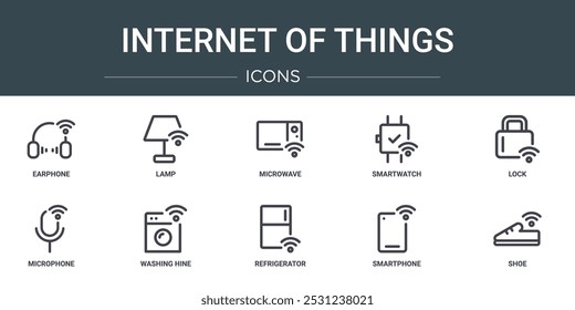 Conjunto de 10 iconos de Web de contorno de Internet de las cosas como auriculares, lámpara, microondas, reloj inteligente, cerradura, micrófono, lavar los iconos de vectores para el informe, presentación, diagrama, Diseño web, App móvil