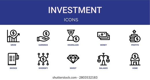 Set of 10 outline web Investment icons such as home, balance, invest, diversify, invoice, profits, money vector icons for report, presentation, diagram, web design, mobile app