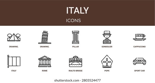 Set of 10 outline web Italy icons such as sport car, pope, rialto bridge, rome, italy, cappuccino, gondolier vector icons for report, presentation, diagram, web design, mobile app