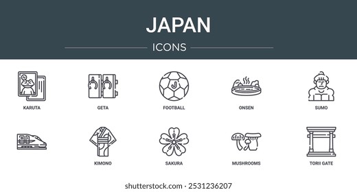 set of 10 outline web japan icons such as karuta, geta, football, onsen, sumo,  , kimono vector icons for report, presentation, diagram, web design, mobile app