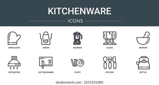 conjunto de 10 ícones web esboço kitchenware como luva de forno, avental, liquidificador, vidro, argamassa, extrator, painel de corte ícones vetoriais para relatório, apresentação, diagrama, web design, aplicativo móvel