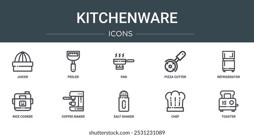 set of 10 outline web kitchenware icons such as juicer, peeler, pan, pizza cutter, refrigerator, rice cooker, coffee maker vector icons for report, presentation, diagram, web design, mobile app