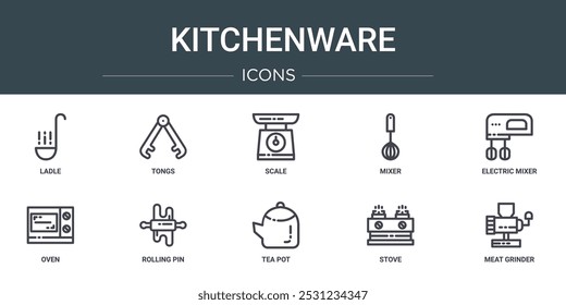 Conjunto de 10 iconos de utensilios de cocina de Web de contorno como cucharón, pinzas, escala, mezclador, mezclador eléctrico, horno, iconos de vectores de rodillos para informe, presentación, diagrama, Diseño web, App móvil