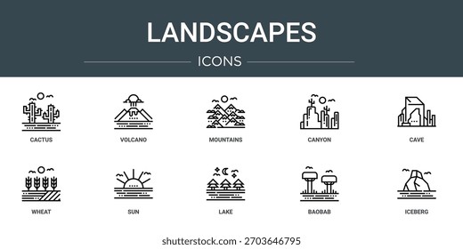 Conjunto de 10 iconos de paisajes de Web de contorno como cactus, volcán, montañas, cañón, cueva, trigo, iconos de vectores solares, signos y símbolos