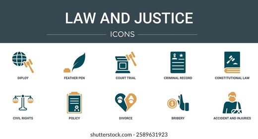 set of 10 outline web law and justice icons such as diploy, feather pen, court trial, criminal record, constitutional law, civil rights, policy vector icons for report, presentation, diagram, web