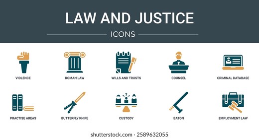 set of 10 outline web law and justice icons such as violence, roman law, wills and trusts, counsel, criminal database, practise areas, butterfly knife vector icons for report, presentation, diagram,