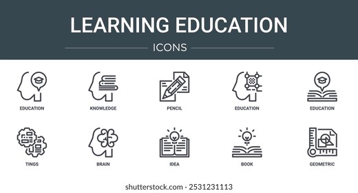 conjunto de 10 delinear ícones educacionais de aprendizagem na web como educação, conhecimento, lápis, educação, coisas, ícones de vetor cerebral para relatório, apresentação, diagrama, web design, aplicativo móvel