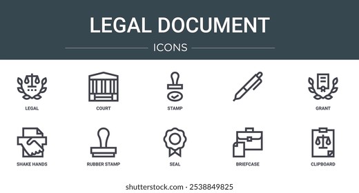 conjunto de 10 ícones de documentos legais da web de estrutura de tópicos, como legal, tribunal, carimbo, , conceder, apertar as mãos, carimbo vetorial ícones para relatório, apresentação, diagrama, web design, aplicativo móvel