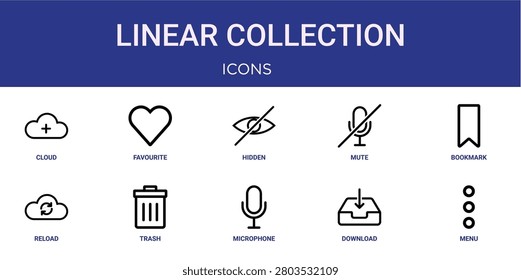 Set of 10 outline web Linear Collection icons such as menu, download, microphone, trash, reload, bookmark, mute vector icons for report, presentation, diagram, web design, mobile app