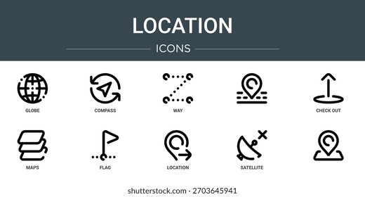 Satz von 10 Umriss Web-Standort-Symbole wie Globus, Kompass, Weg, , Check-out, Karten, Flag, Vektorsymbole, Zeichen und Symbole