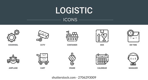 conjunto de 10 ícones logísticos da web de estrutura de tópicos, tais como cogwheel, cctv, contêiner, caixa, na hora, avião, ícones de vetor de carrinho, sinal e símbolos