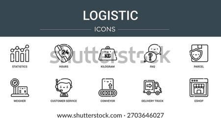 set of 10 outline web logistic icons such as statistics, hours, kilogram, faq, parcel, weigher, customer service vector icons, sign and symbols