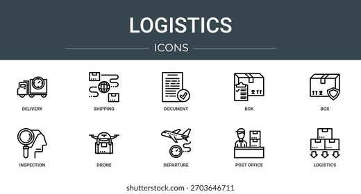 set of 10 outline web logistics icons such as delivery, shipping, document, box, box, inspection, drone vector icons, sign and symbols