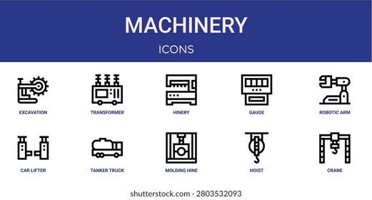 Set of 10 outline web Machinery icons such as crane, hoist, molding hine, tanker truck, car lifter, robotic arm, gauge vector icons for report, presentation, diagram, web design, mobile app