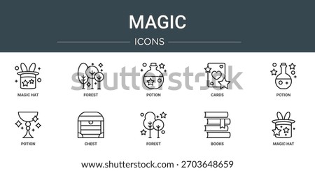 set of 10 outline web magic icons such as magic hat, forest, potion, cards, potion, potion, chest vector icons, sign and symbols