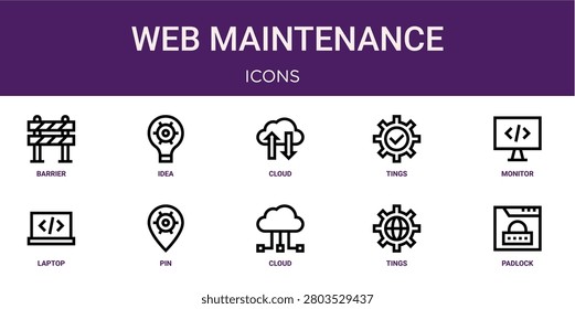 Set of 10 outline web Web Maintenance icons such as padlock, tings, cloud computing, pin, laptop, monitor, tings vector icons for report, presentation, diagram, web design, mobile app