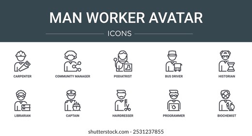 set of 10 outline web man worker avatar icons such as carpenter, community manager, podiatrist, bus driver, historian, librarian, captain vector icons for report, presentation, diagram, web design,